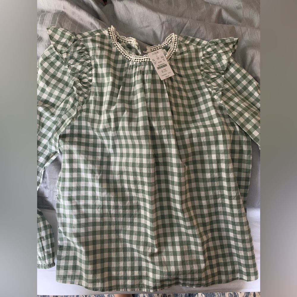JCrew Factory Ruffle shoulder gingham blouse